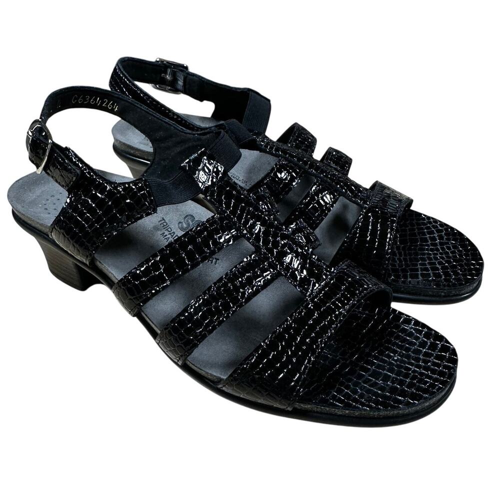 SAS Allegro Heel Strap Sandal Black Croc Women's Sz 8 Narrow Excellent Condition